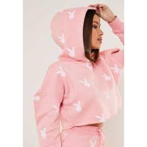 Playboy Missguided Pink White Bunny Cropped Hoodie